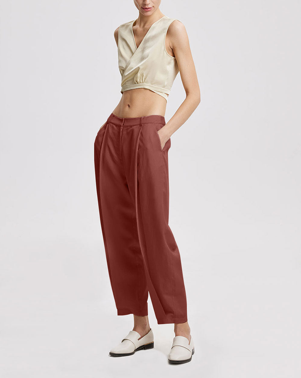 Linen Tapered Pants - Brown, M image