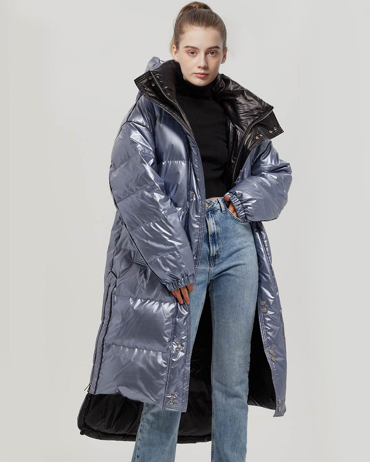 Long Puffer Jacket with Adjustable Waistline - Blue, L image