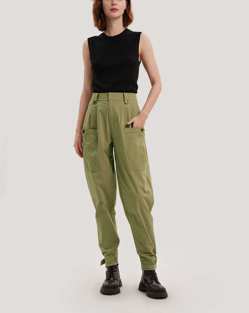 Patch Pocket Ankle Strap Tapered Pants - Matcha, M image