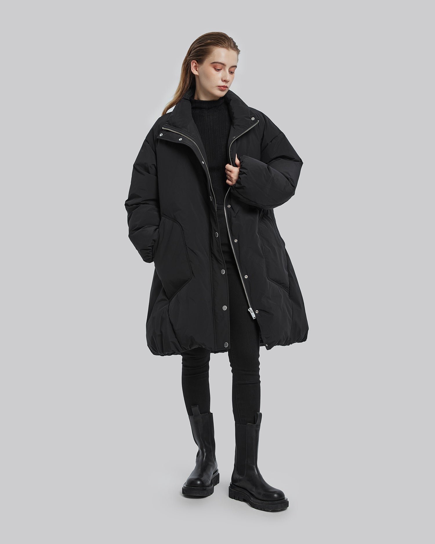 High Collar Cocoon Puffer Jacket - Black, L image