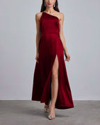 Silk One Shoulder Maxi Dress - Burgundy, M image