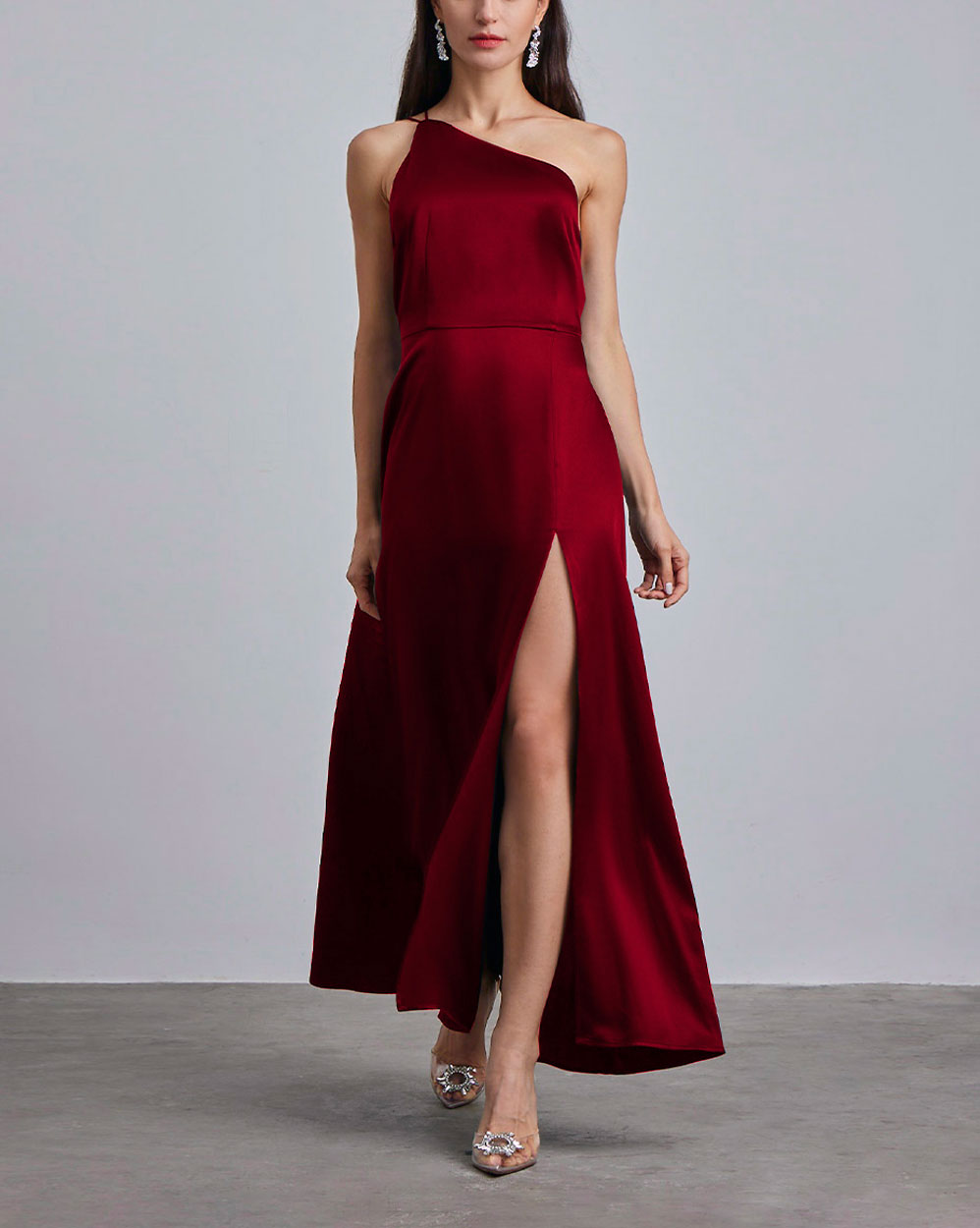 Silk One Shoulder Maxi Dress - Burgundy, M image