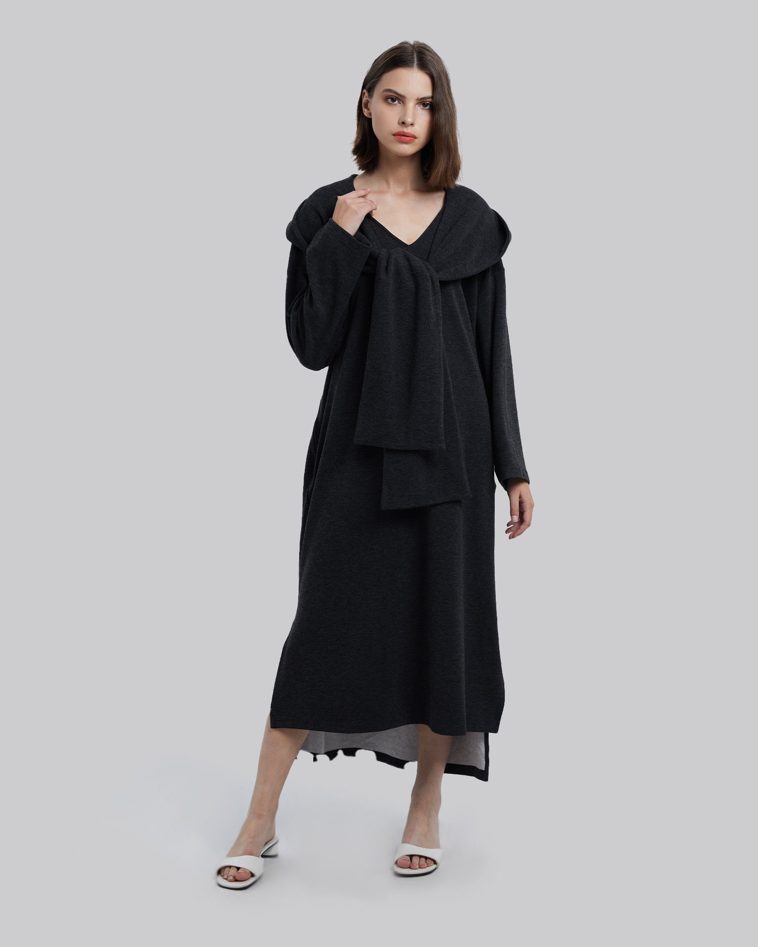 Lounge Dress With Hooded Scarf - Black, L image