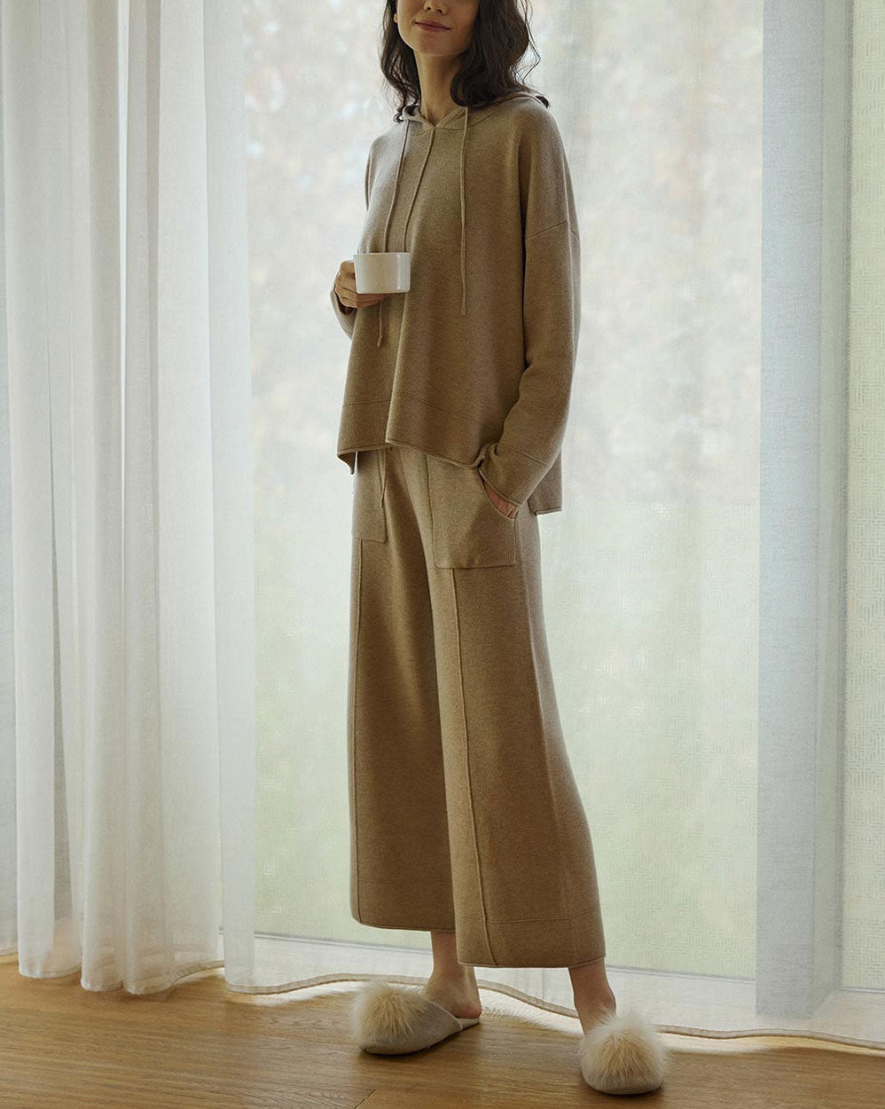 Side Slit Woolen Hoodie Set - Camel, S image