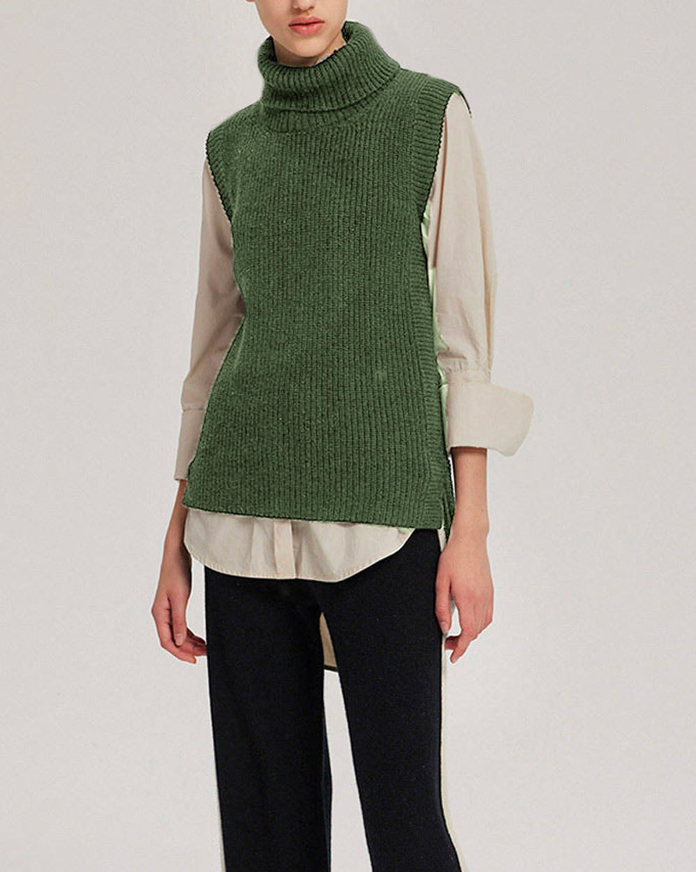 Turtleneck Knitted Pure Merino Wool Vest - Dark olive, XXL image
