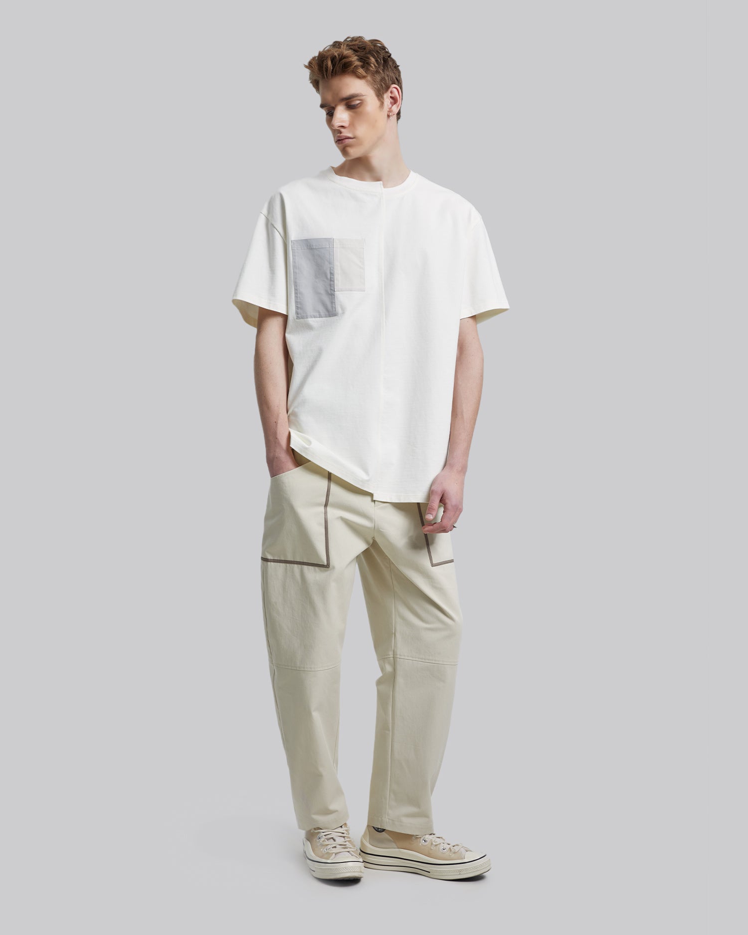 Paneled-Pocket T-Shirt - Beige, L image
