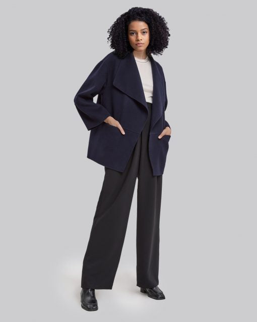 Flare Sleeved Cashmere Coat - Navy Blue, S image