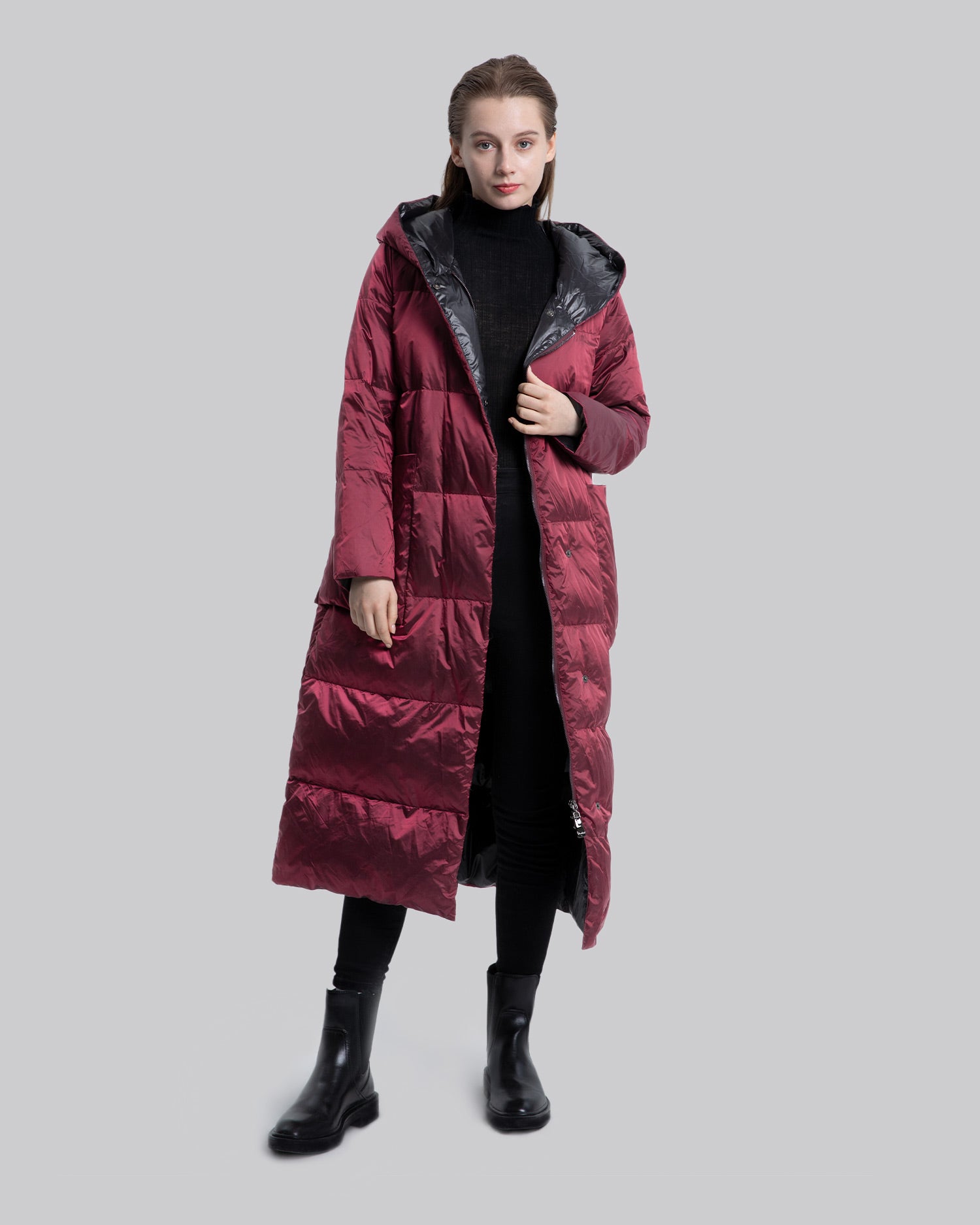 Calf-Length Hooded Jacket - Dark Red, S image
