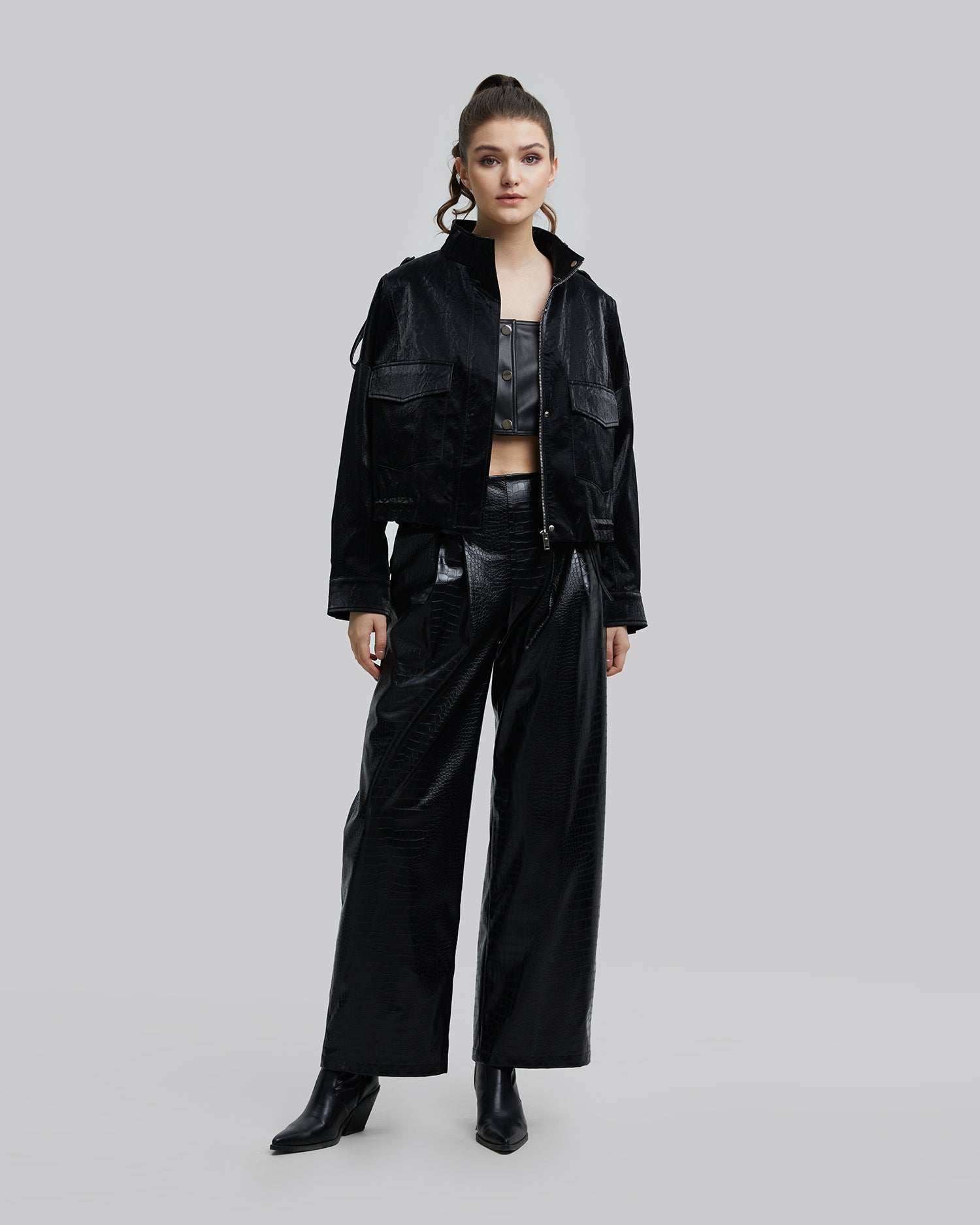 Cropped Faux-Leather Jacket - Black, L image