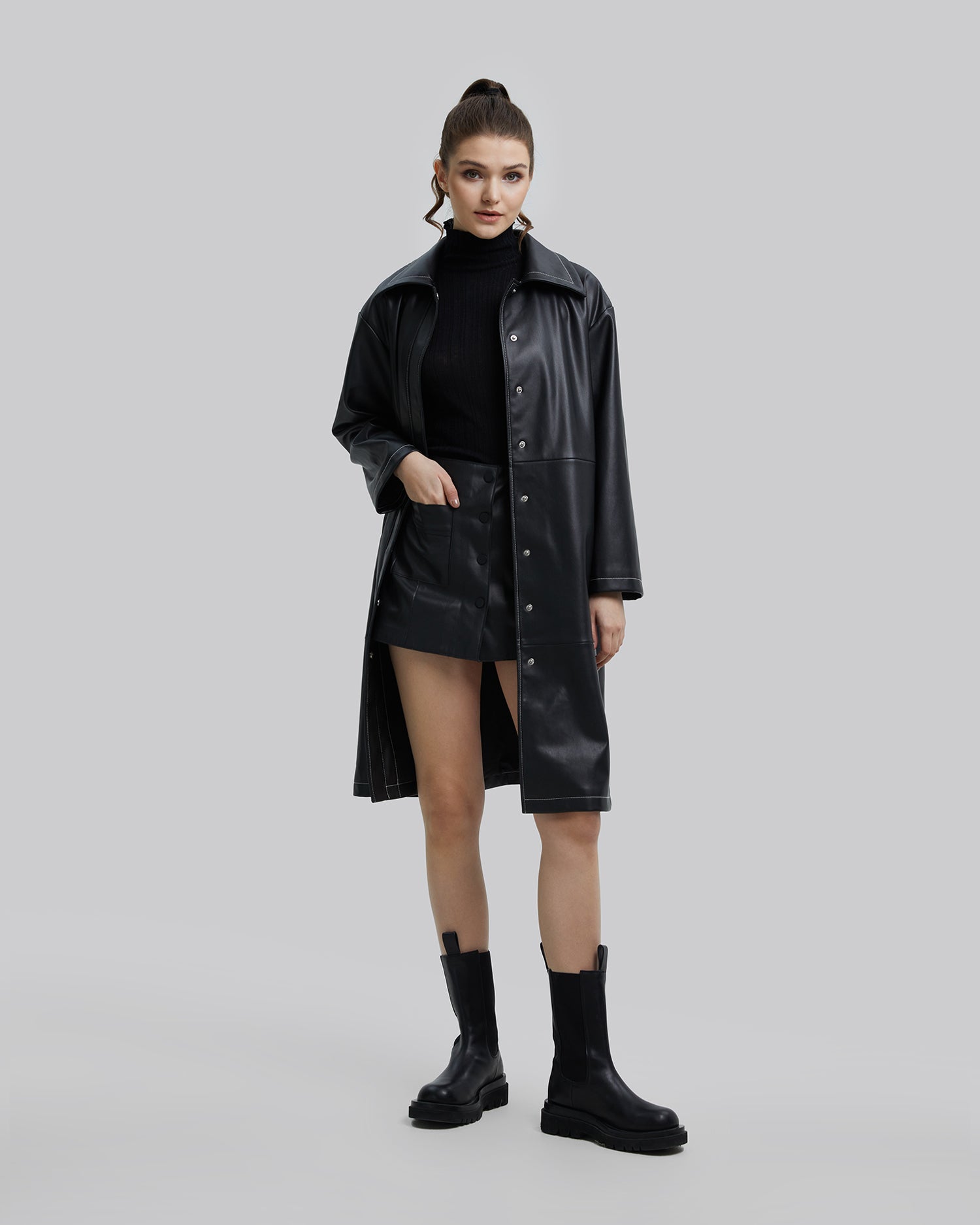 Faux-Leather Long Coat - Black, L image
