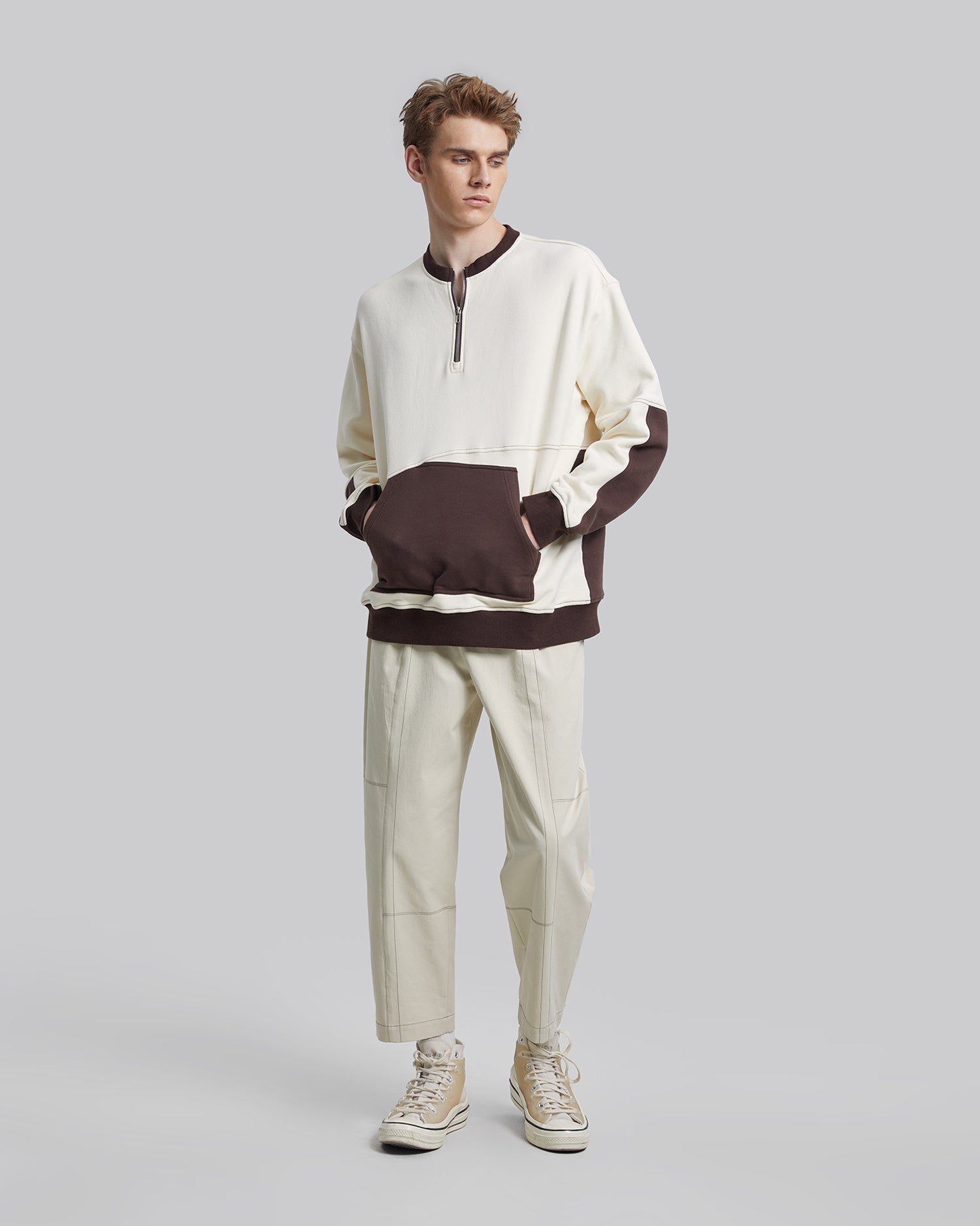 Two-Tone Half-Zip Sweatshirt - White &amp; Coffee, M image