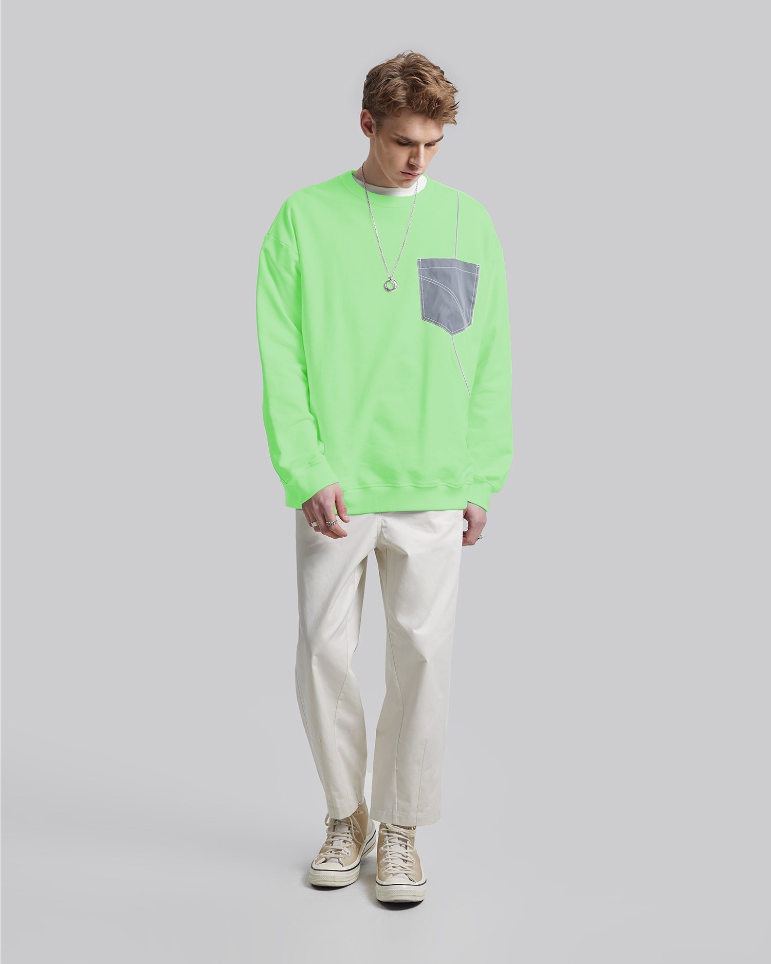Contrast Color Crewneck Sweatshirt - Green Glow, S image