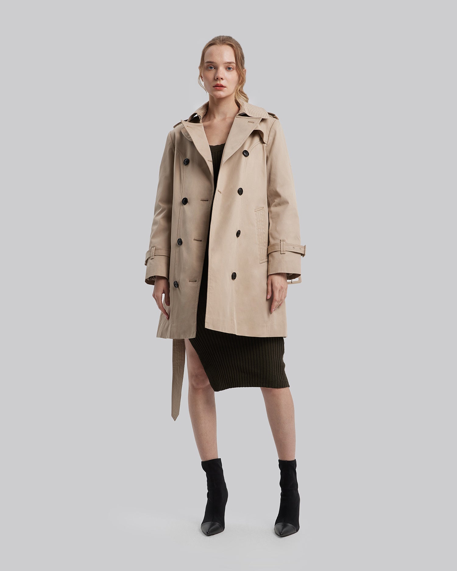 2-in-1 Elegant Puffer Trench Coat - Khaki, M image