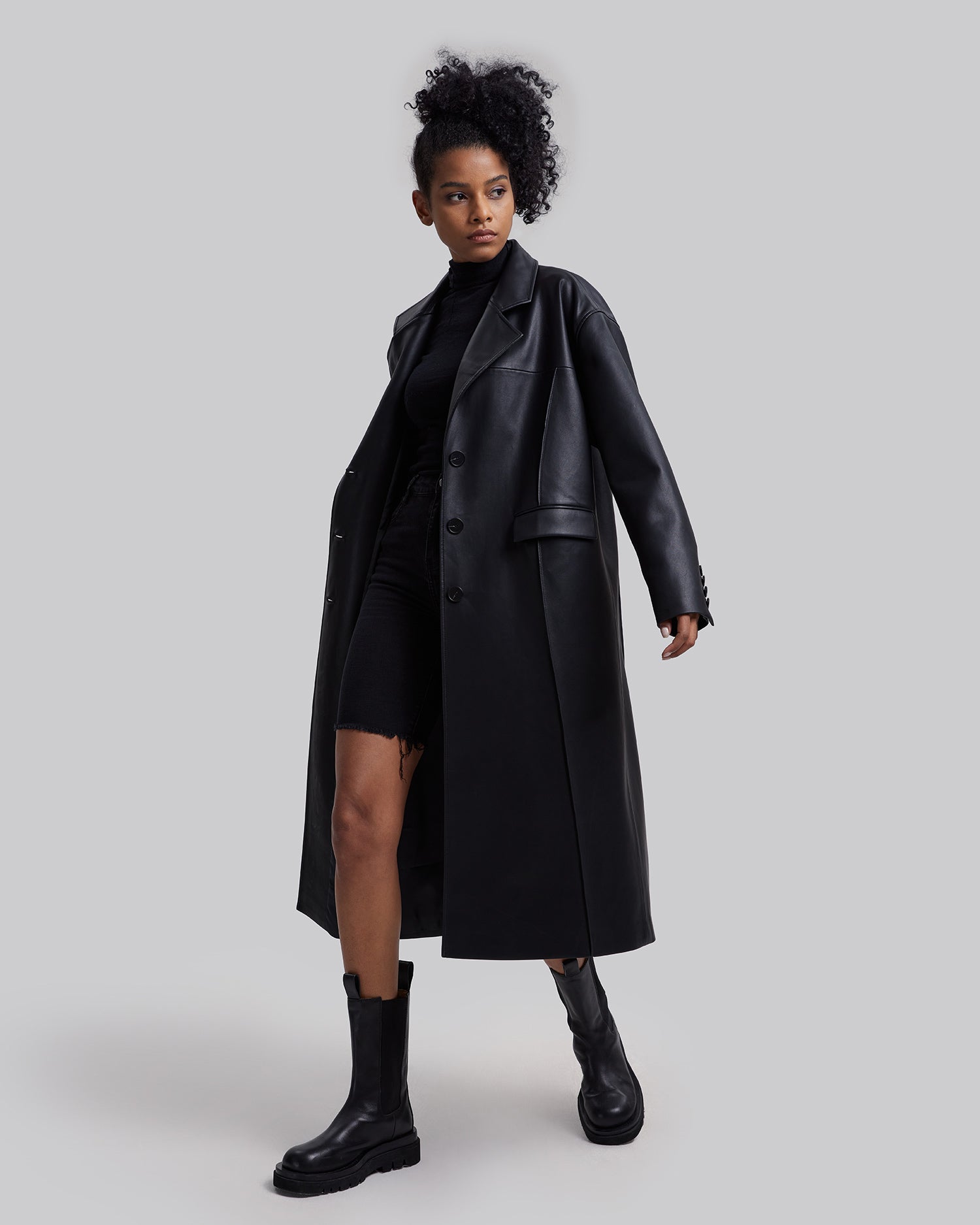 Faux Leather Coat with Pinched Pleats - Black, L image