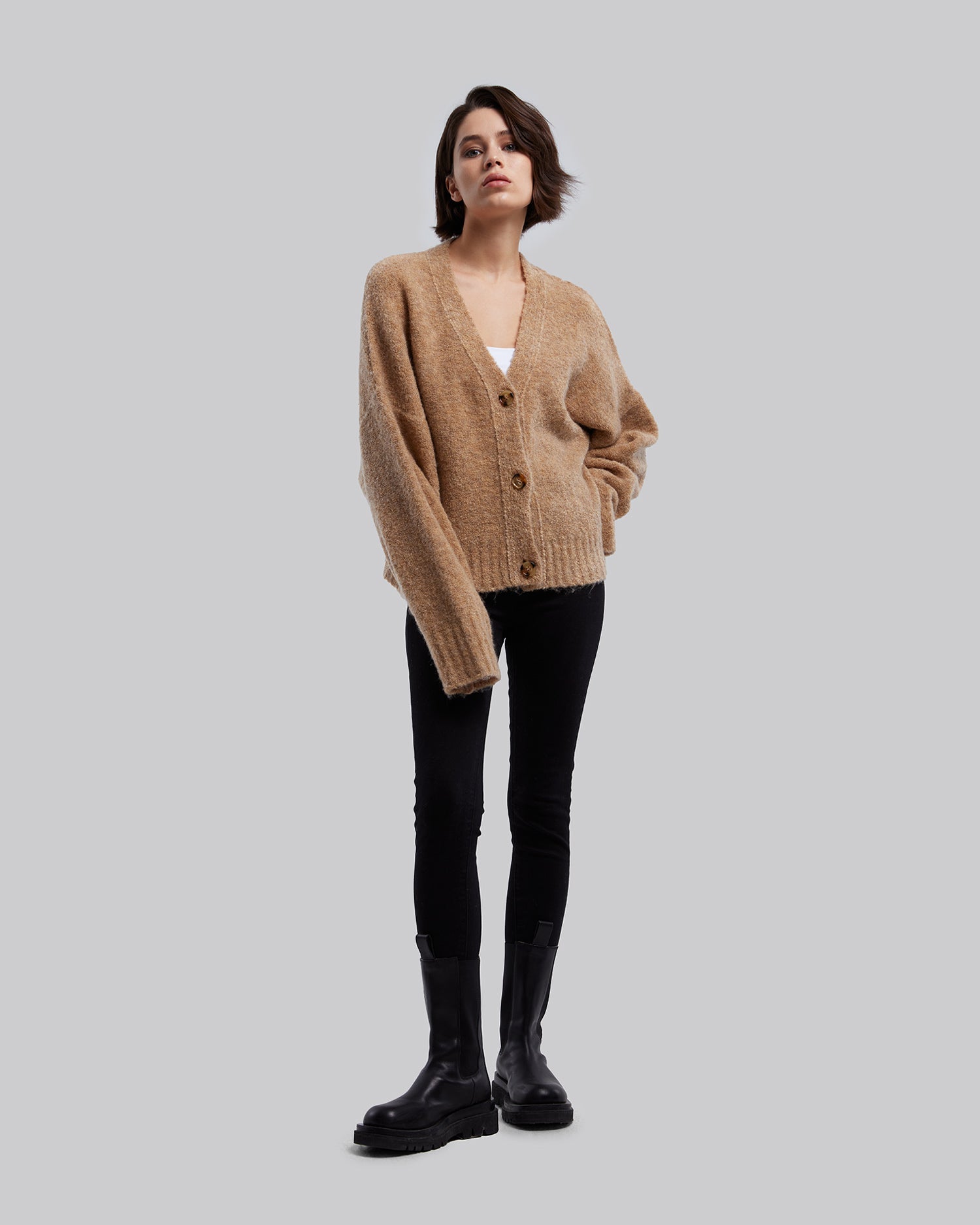 V-Neck Button-Front Cardigan - Camel, L image