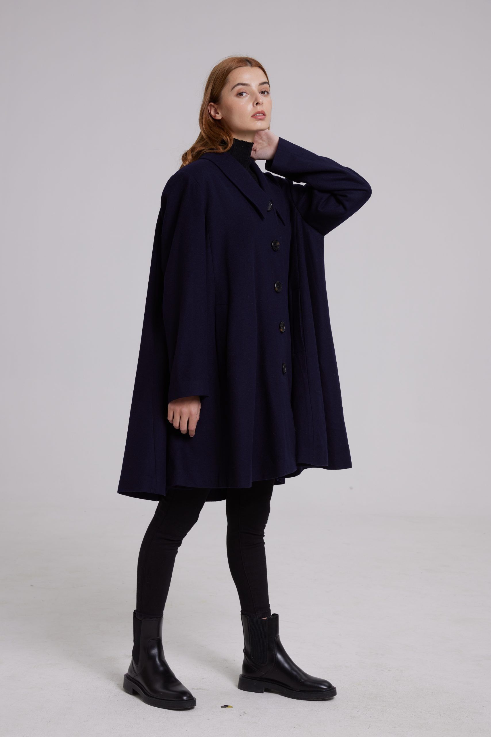 Cape-Shape Cashmere Coat - Navy Blue, S image