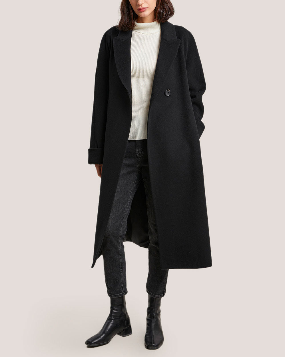 Belted One Button Long Wool Coat - Black, M image