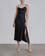 Spaghetti Strap Bias Cut Silk Dress - MIDNIGHT-BLACK, M image