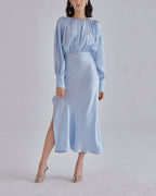 Elegant Side Slit Maxi Silk Dress - Baby blue, L image