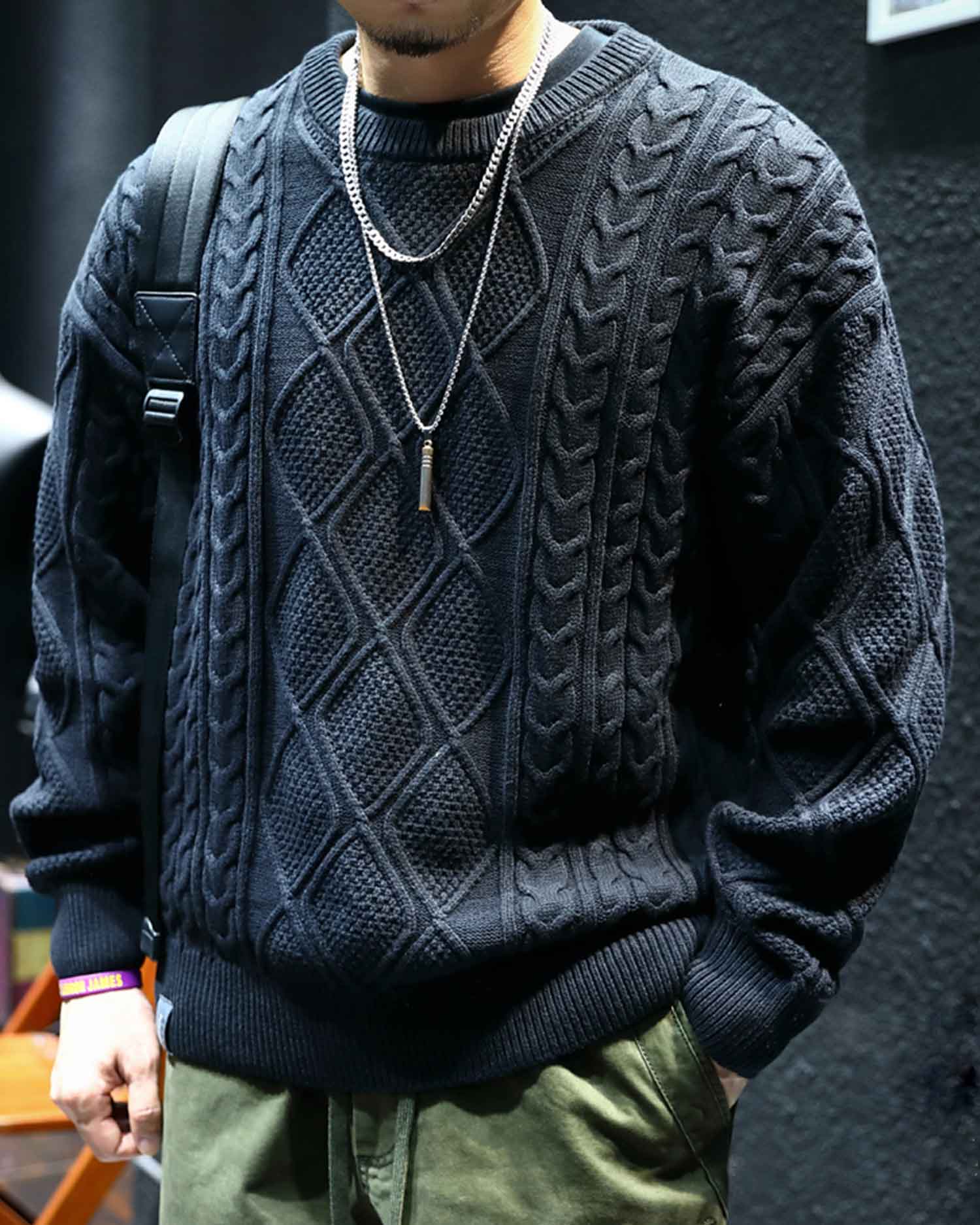 Cable Knitted Cotton Sweater - Black, S image