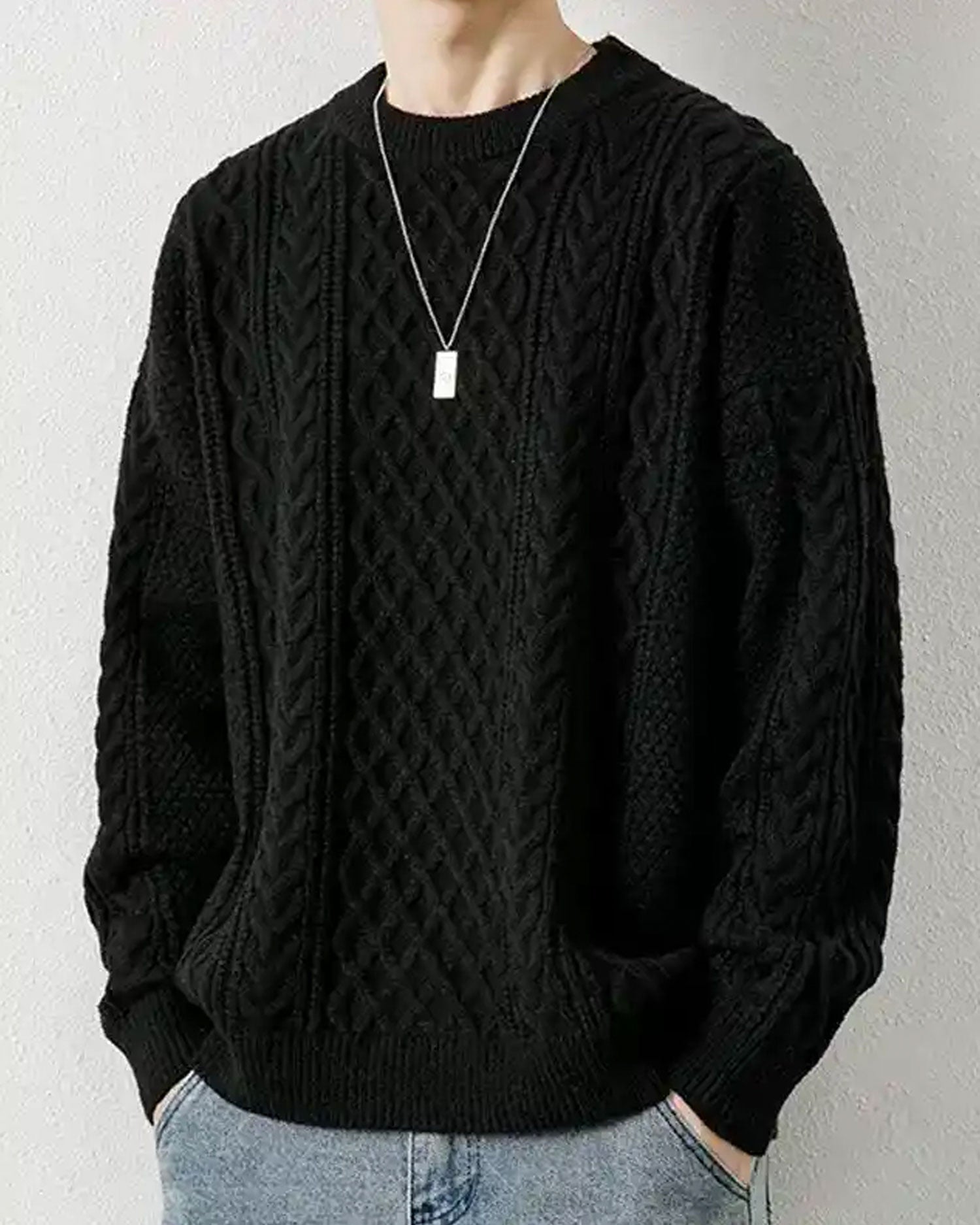 Crewneck Cable-Knit Jumper - Black, M image