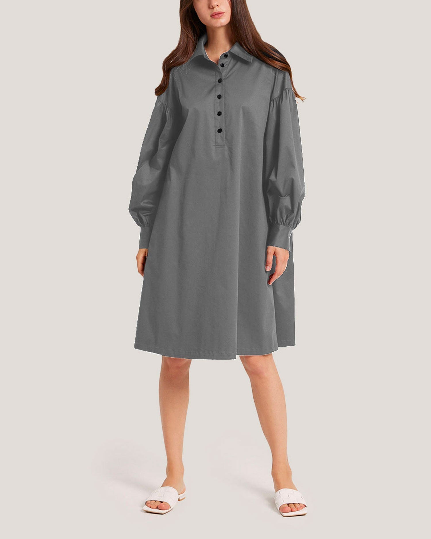 Long Sleeve Cotton-Blend Dress - Smoke, L image