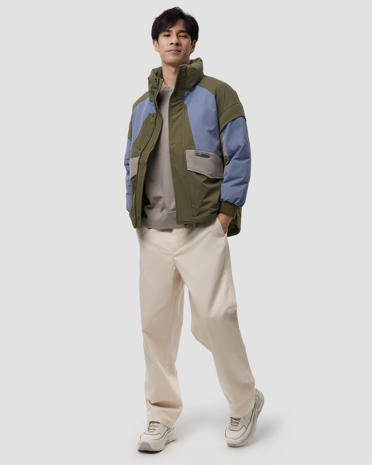 Geometric Patchwork Puffer Jacket - Blue&amp;Green, XL image