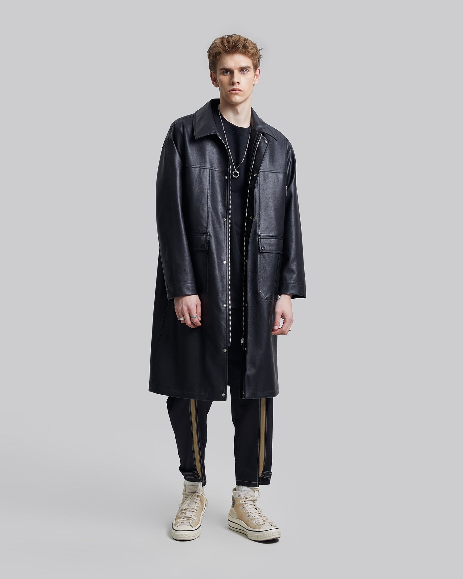 Multi-Pocket Leather-Like Long Coat image 6