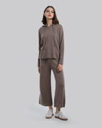 Side Slit Woolen Hoodie Set - Taupe, M image