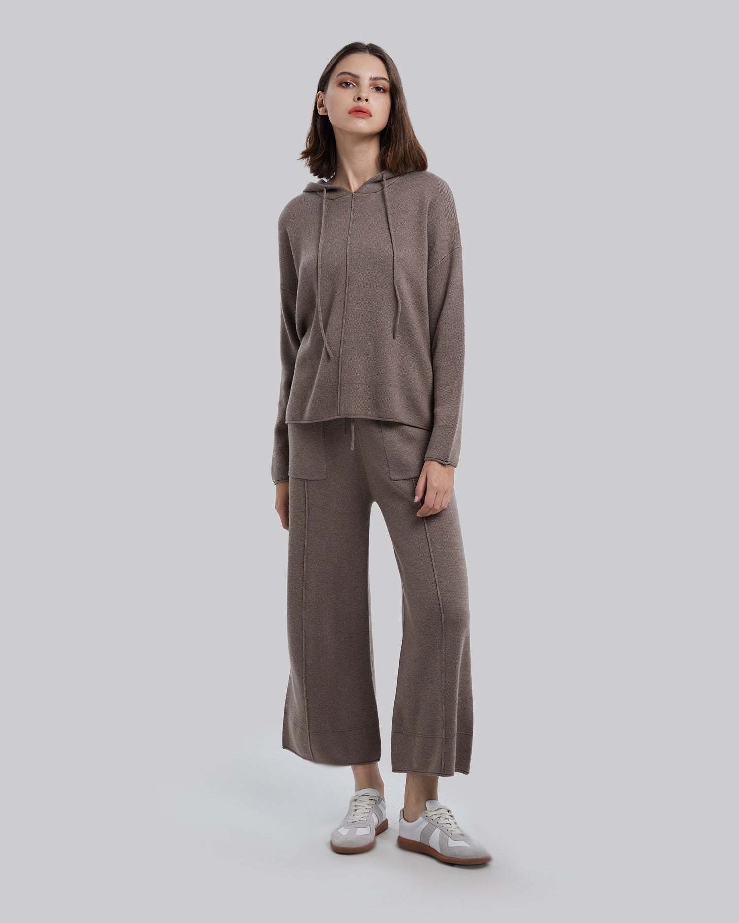 Side Slit Woolen Hoodie Set - Taupe, M image
