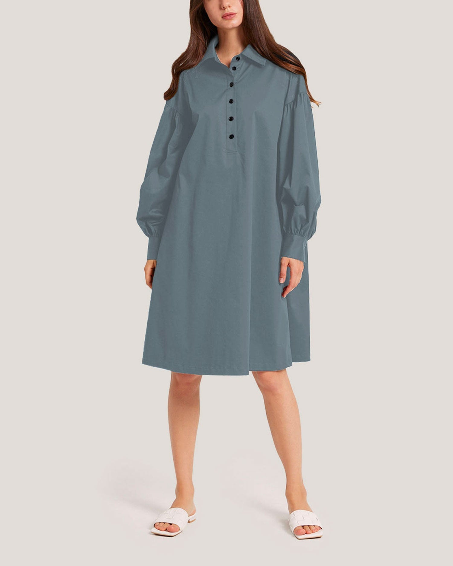 Long Sleeve Cotton-Blend Dress - Aegean Blue, XS image