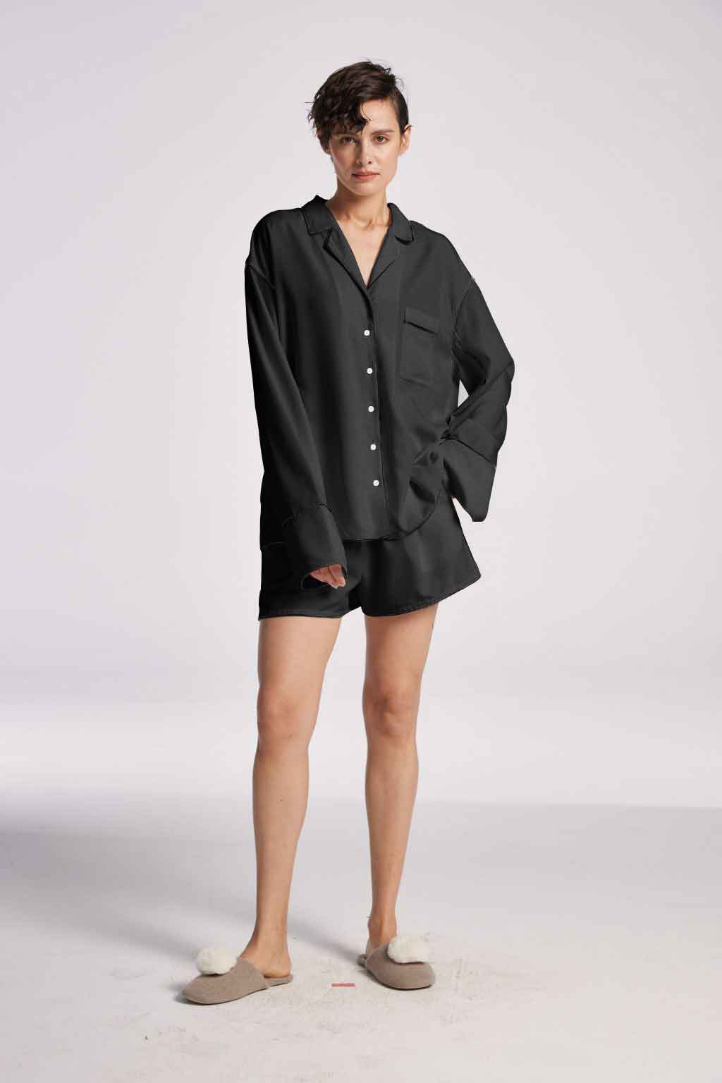 Silk Contrast Pajama Set - Black, L image