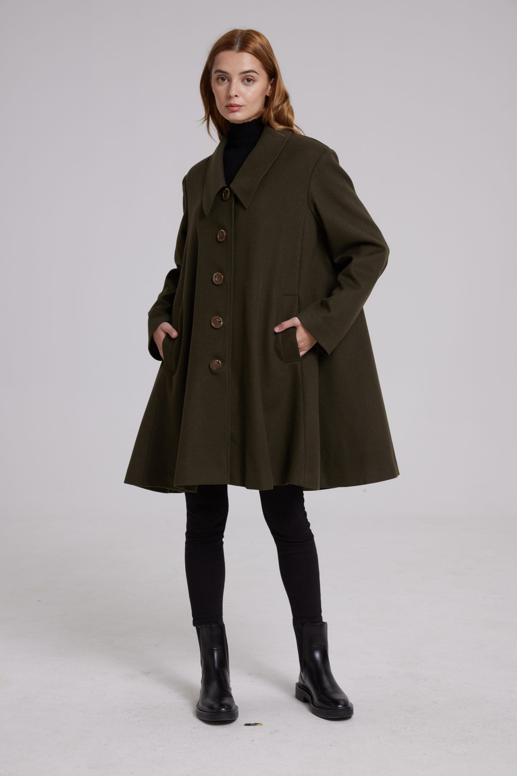 Cape-Shape Cashmere Coat - Olive Green, M image