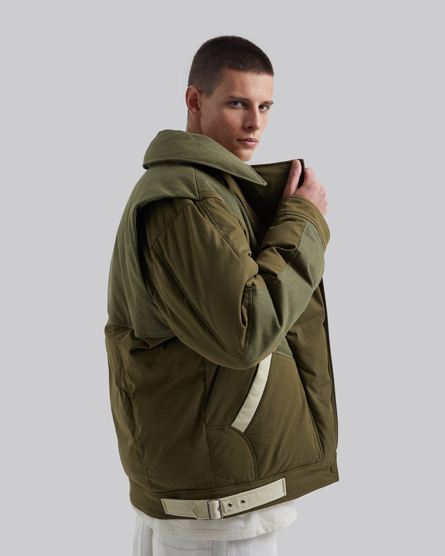 Army Green Contrast Puffer Jacket image 3