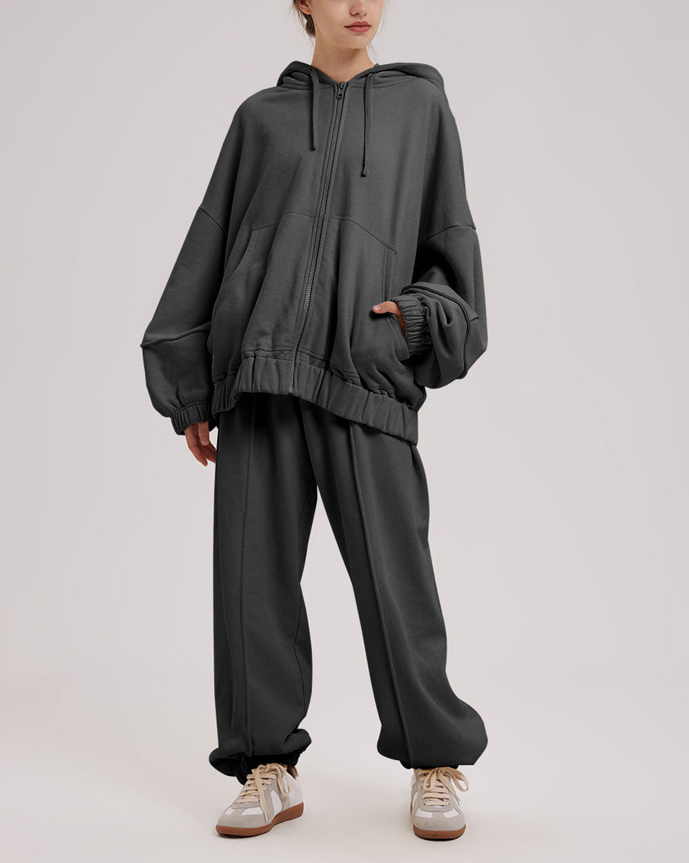 Pure Cotton Zip-Up Hoodie Set - Dark Gray, S image