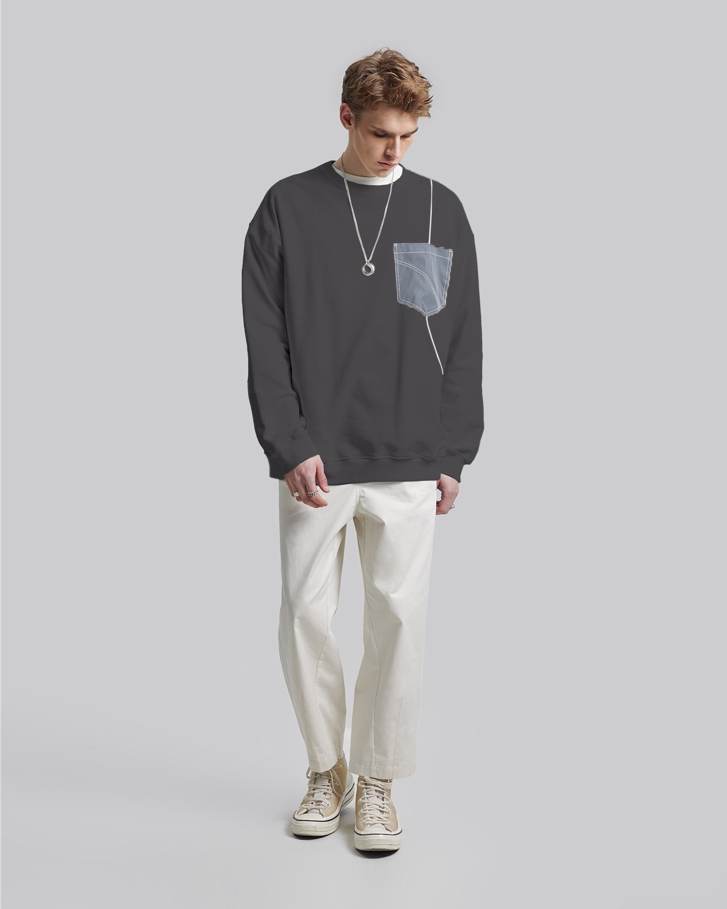 Contrast Color Crewneck Sweatshirt - Grey, S image