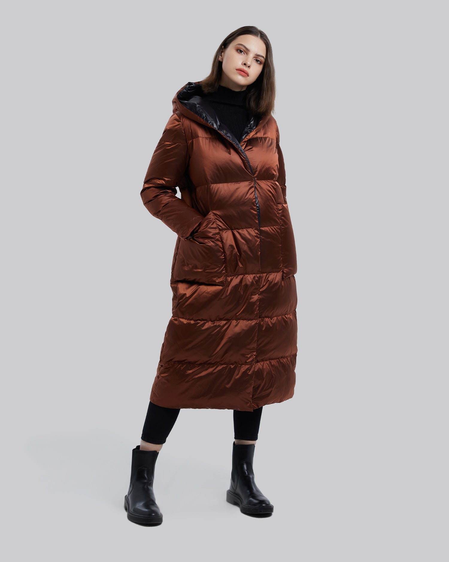 Calf-Length Hooded Jacket - Coffee, S image