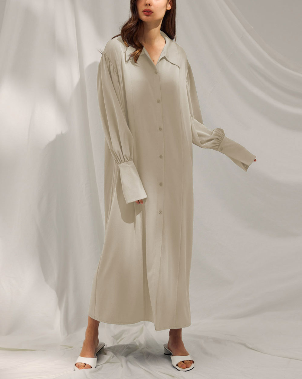 Buttoned Back Drape Shirt Robe - Cream, L image