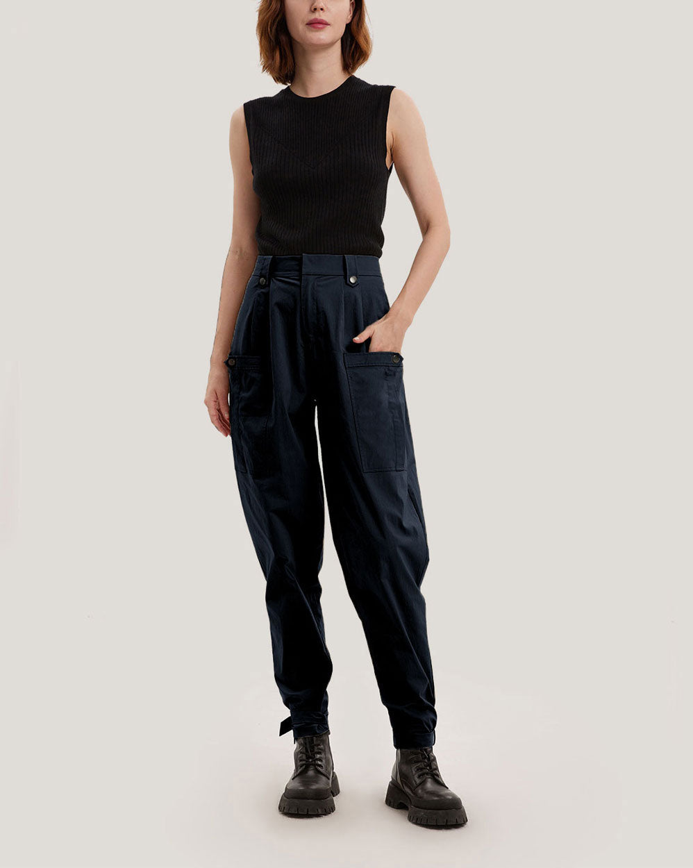 Patch Pocket Ankle Strap Tapered Pants - Navy, M image