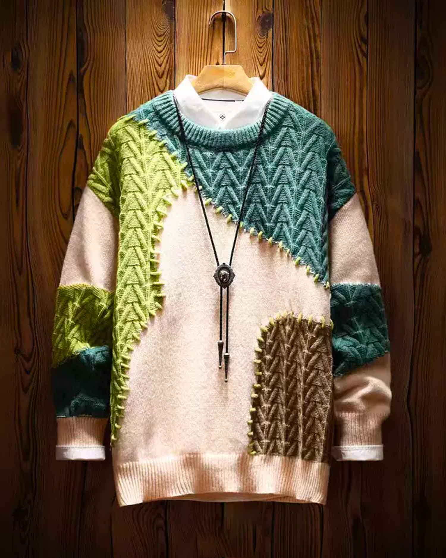 Vintage Patchwork Knit Jumper - Teal, L image
