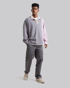 All-Cotton Long-Sleeve Polo - Light Grey&amp; Purple, L image