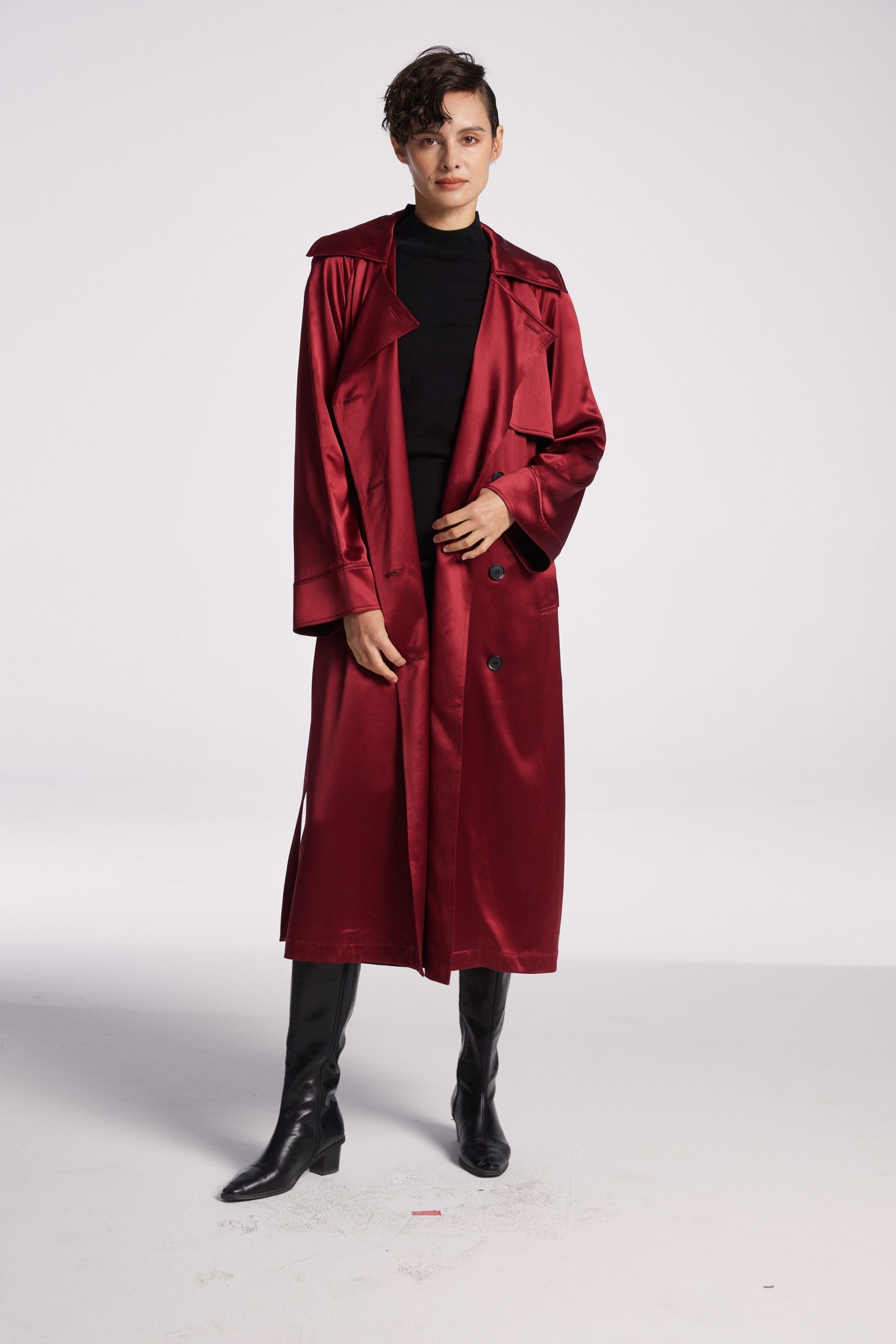 Draped Double-Breasted Trench Coat - Ruby, XS image