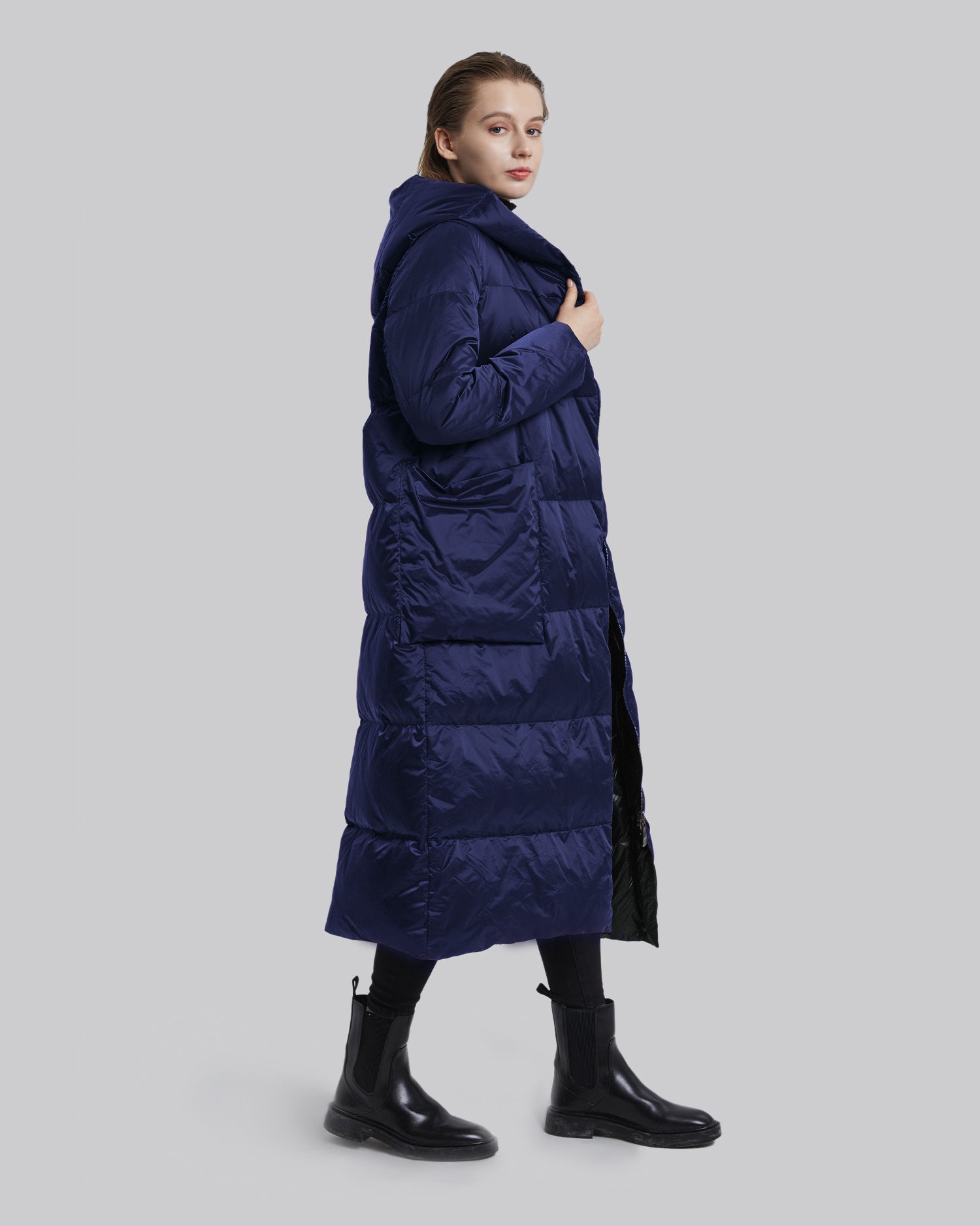 Calf-Length Hooded Jacket - Dark Blue, M image