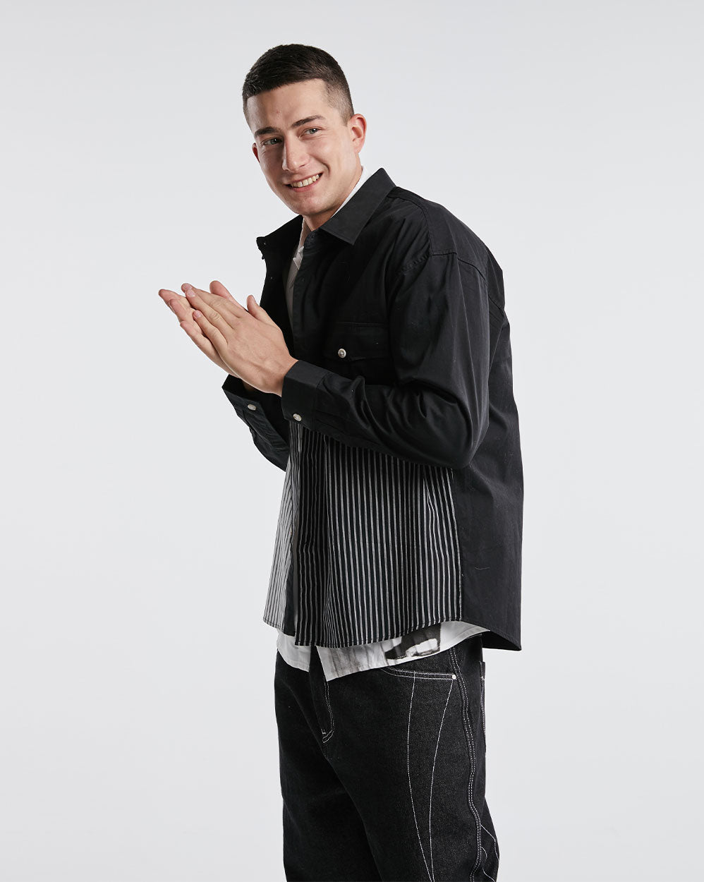 Black &amp; White Striped Patchwork Long-Sleeve Shirt image 3