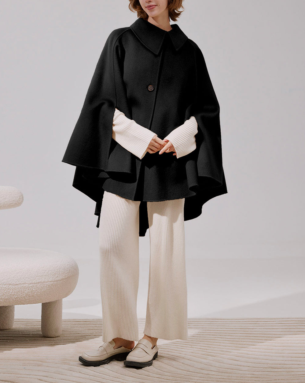 Button Front Wool Cape Coat - Black, OS image