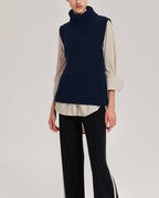 Turtleneck Knitted Pure Merino Wool Vest - Navy, L image