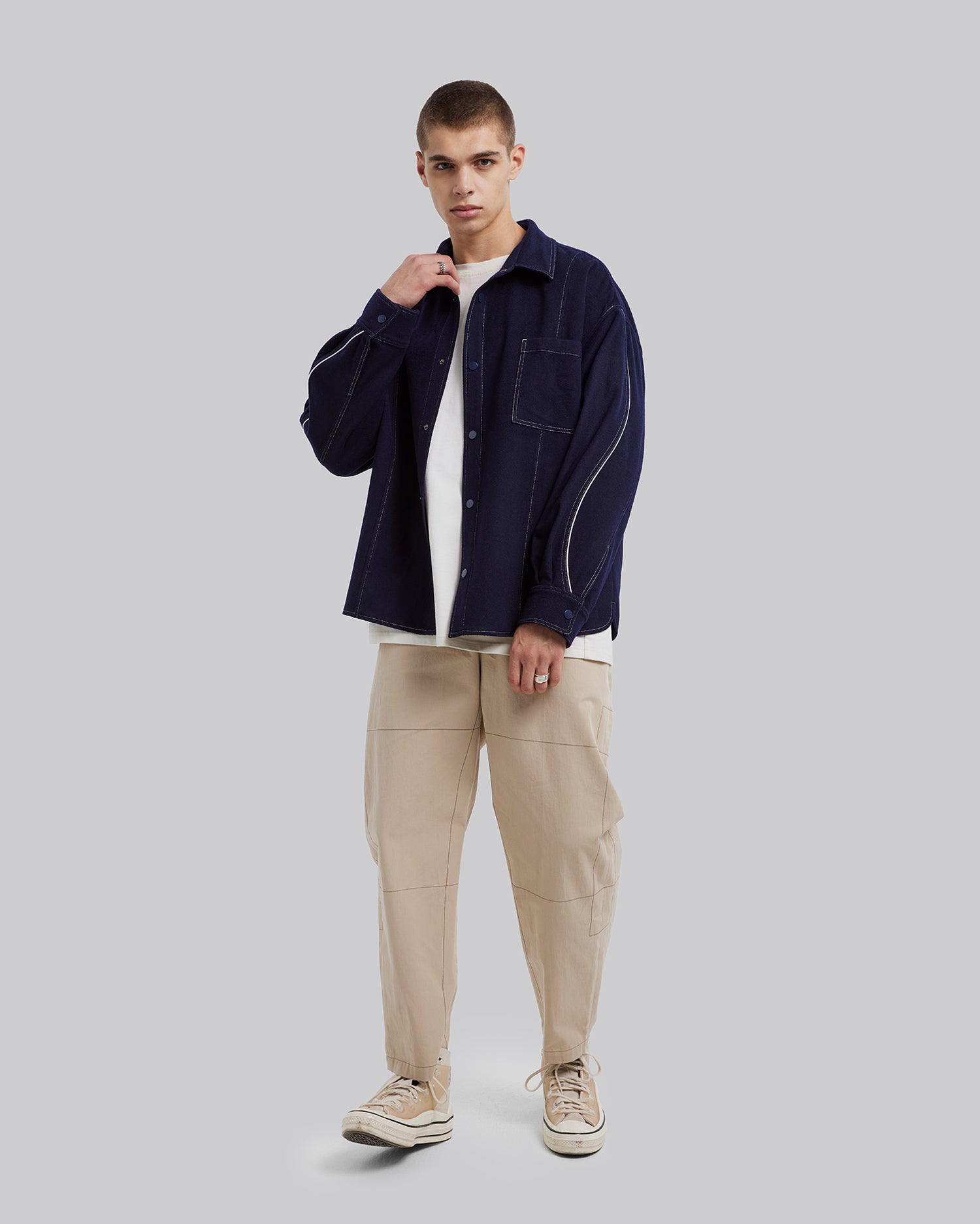 Blue Contrast Line Overshirt - Dark Blue, S image