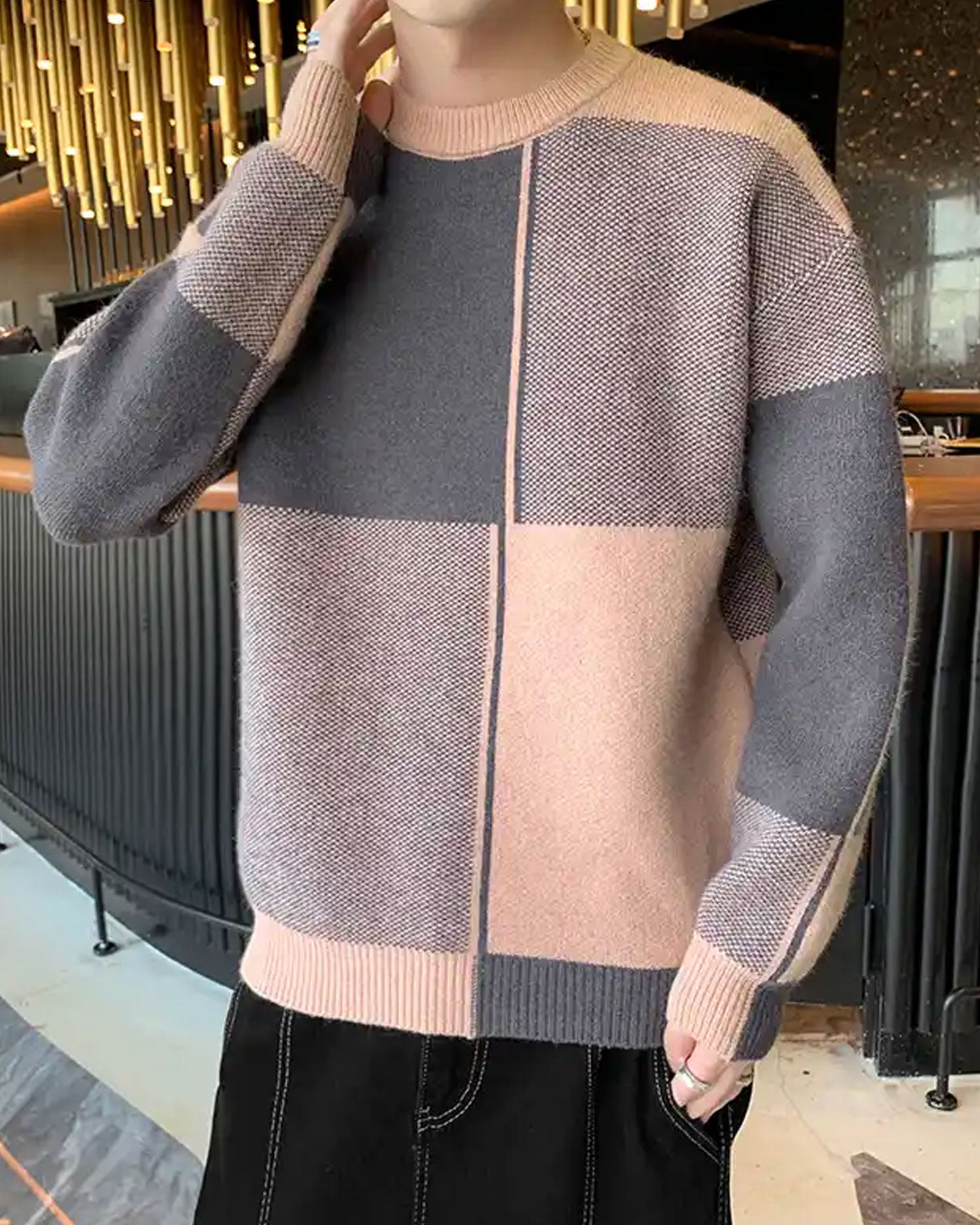 Knitted Colorblock Crew Jumper - Silver Pink, M image