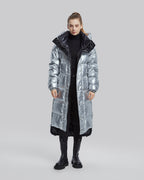 Long Puffer Jacket with Adjustable Waistline - Silver, L image