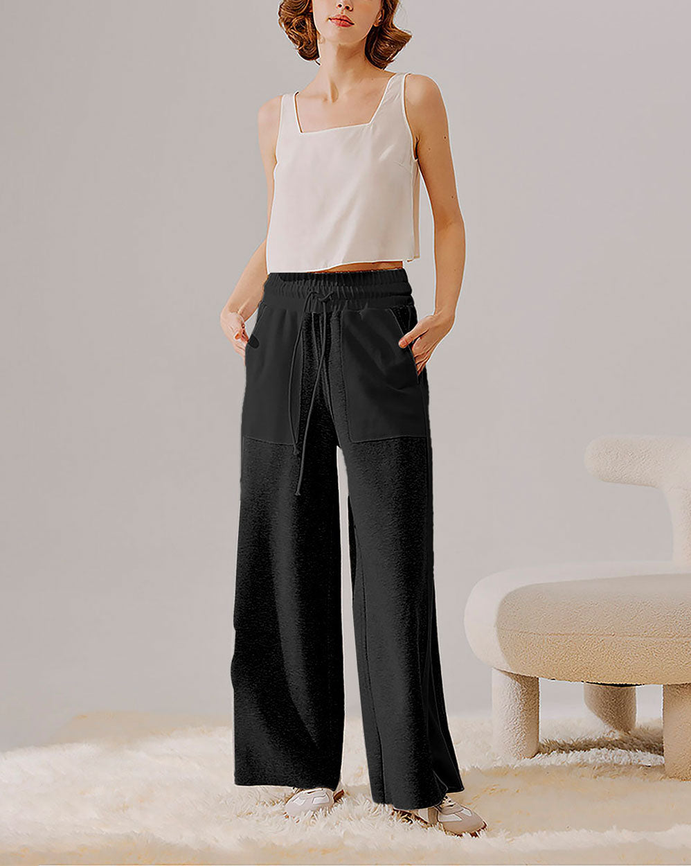 Drawstring Wide Leg Paneled Pants - Black, M image